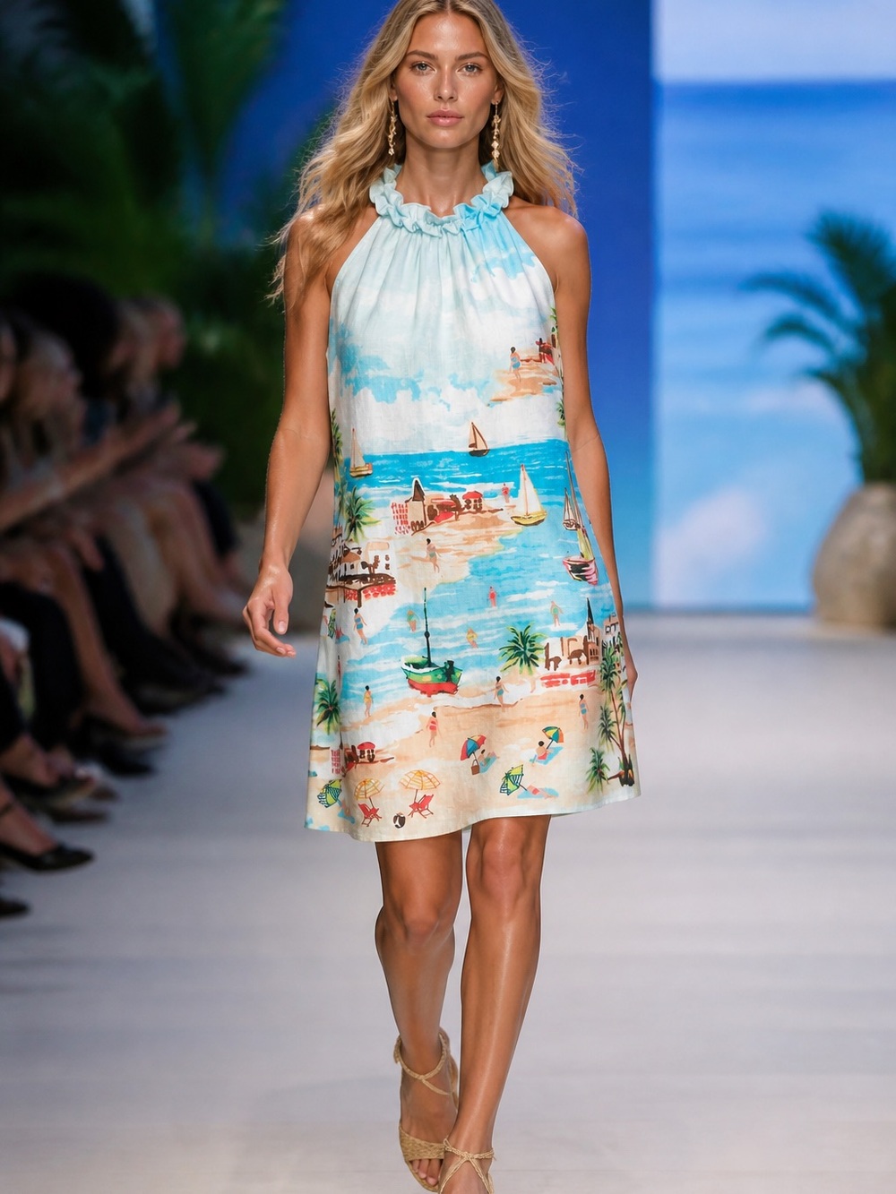 London Times Light Blue Scenic Halter Beachprint Linen Blend Dress